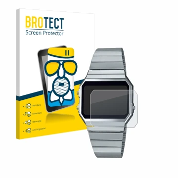 Parte frontal de un envase de producto con el logotipo de la marca BROTECT. Al lado se muestra el dispositivo Casio A700WE con