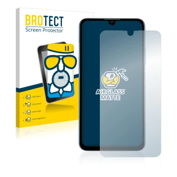 Parte frontal de un envase de producto con el logotipo de la marca BROTECT. Al lado se muestra el dispositivo ZTE Blade A71 co