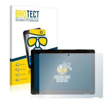 Parte frontal de un envase de producto con el logotipo de la marca BROTECT. Al lado se muestra el dispositivo Hannspree Pad Ap
