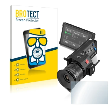 Parte frontal de un envase de producto con el logotipo de la marca BROTECT. Al lado se muestra el dispositivo Arri MVF-2 con s