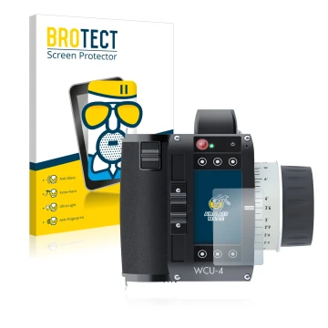 Parte frontal de un envase de producto con el logotipo de la marca BROTECT. Al lado se muestra el dispositivo Arri WCU-4 con s