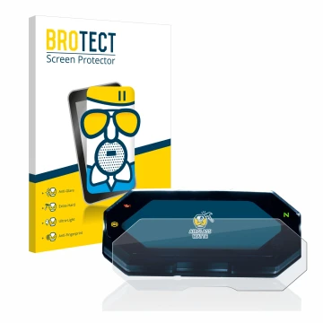 Parte frontal de un envase de producto con el logotipo de la marca BROTECT. Al lado se muestra el dispositivo Yamaha MT-07 202