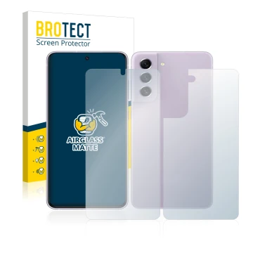 Parte frontal de un envase de producto con el logotipo de la marca BROTECT. Al lado se muestra el dispositivo Samsung Galaxy S