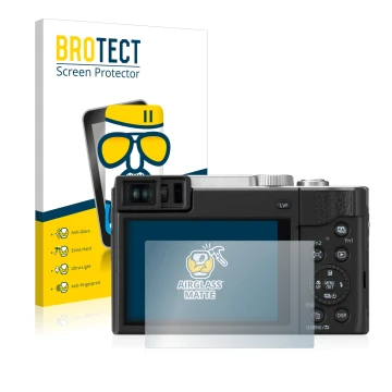 Parte frontal de un envase de producto con el logotipo de la marca BROTECT. Al lado se muestra el dispositivo Panasonic Lumix 