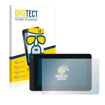 Parte frontal de un envase de producto con el logotipo de la marca BROTECT. Al lado se muestra el dispositivo Huion Kamvas 12 