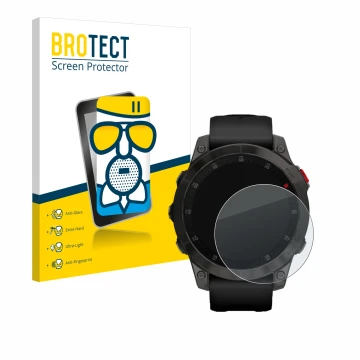 Parte frontal de un envase de producto con el logotipo de la marca BROTECT. Al lado se muestra el dispositivo Garmin epix (Gen