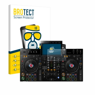 Parte frontal de un envase de producto con el logotipo de la marca BROTECT. Al lado se muestra el dispositivo Pioneer XDJ-RX3 
