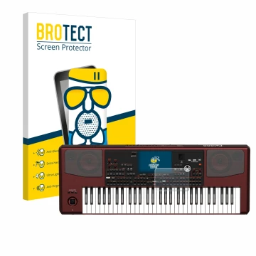 Parte frontal de un envase de producto con el logotipo de la marca BROTECT. Al lado se muestra el dispositivo KORG Pa1000 con 