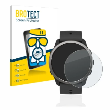 Parte frontal de un envase de producto con el logotipo de la marca BROTECT. Al lado se muestra el dispositivo Suunto 5 Peak co