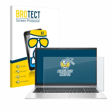 Parte frontal de un envase de producto con el logotipo de la marca BROTECT. Al lado se muestra el dispositivo HP EliteBook 850