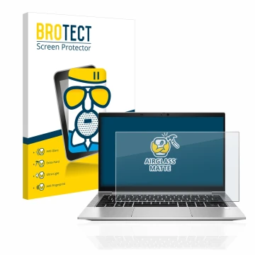 Parte frontal de un envase de producto con el logotipo de la marca BROTECT. Al lado se muestra el dispositivo HP EliteBook 830