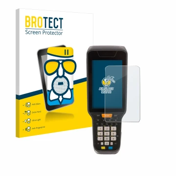 Parte frontal de un envase de producto con el logotipo de la marca BROTECT. Al lado se muestra el dispositivo Datalogic Skorpi