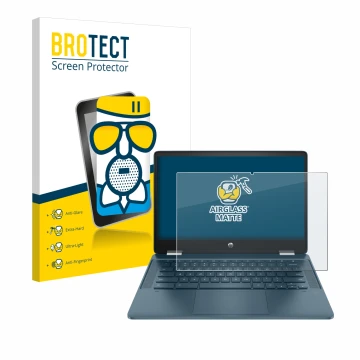 Parte frontal de un envase de producto con el logotipo de la marca BROTECT. Al lado se muestra el dispositivo HP Chromebook x3