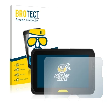 Parte frontal de un envase de producto con el logotipo de la marca BROTECT. Al lado se muestra el dispositivo Trimble T100 con