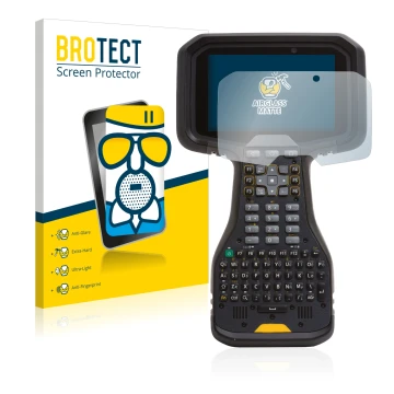 Parte frontal de un envase de producto con el logotipo de la marca BROTECT. Al lado se muestra el dispositivo Trimble TSC5 con