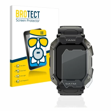Parte frontal de un envase de producto con el logotipo de la marca BROTECT. Al lado se muestra el dispositivo Kospet Tank M1 c