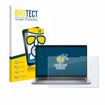 Parte frontal de un envase de producto con el logotipo de la marca BROTECT. Al lado se muestra el dispositivo Dell Latitude 73