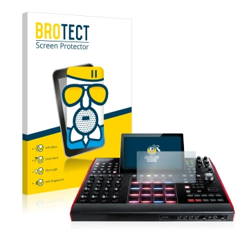 Parte frontal de un envase de producto con el logotipo de la marca BROTECT. Al lado se muestra el dispositivo Akai MPC X 10.1