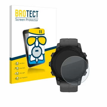 Parte frontal de un envase de producto con el logotipo de la marca BROTECT. Al lado se muestra el dispositivo Garmin Descent G