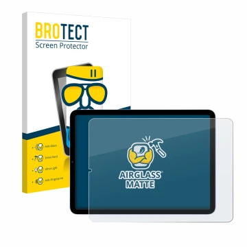 Parte frontal de un envase de producto con el logotipo de la marca BROTECT. Al lado se muestra el dispositivo Apple iPad Air 5