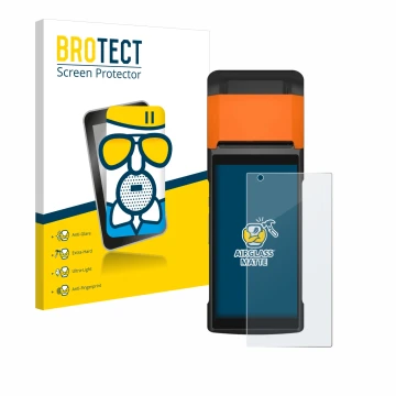 Parte frontal de un envase de producto con el logotipo de la marca BROTECT. Al lado se muestra el dispositivo Sunmi V2s con su