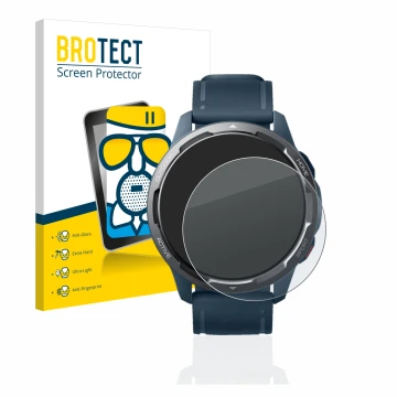 Parte frontal de un envase de producto con el logotipo de la marca BROTECT. Al lado se muestra el dispositivo Xiaomi Watch S1 