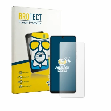 Parte frontal de un envase de producto con el logotipo de la marca BROTECT. Al lado se muestra el dispositivo Samsung Galaxy A