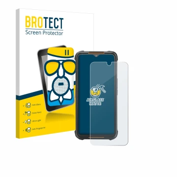 Parte frontal de un envase de producto con el logotipo de la marca BROTECT. Al lado se muestra el dispositivo AGM H5 con su pr