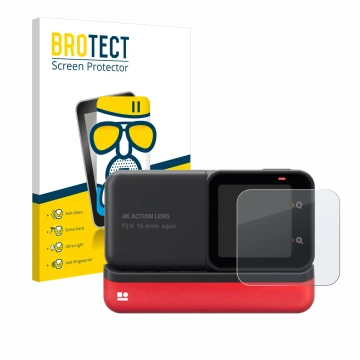 Parte frontal de un envase de producto con el logotipo de la marca BROTECT. Al lado se muestra el dispositivo Insta360 One RS 