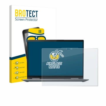 Parte frontal de un envase de producto con el logotipo de la marca BROTECT. Al lado se muestra el dispositivo Lenovo ThinkPad 