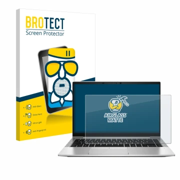Parte frontal de un envase de producto con el logotipo de la marca BROTECT. Al lado se muestra el dispositivo HP EliteBook 845
