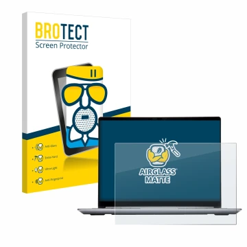 Parte frontal de un envase de producto con el logotipo de la marca BROTECT. Al lado se muestra el dispositivo Framework Laptop