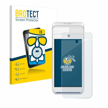 Parte frontal de un envase de producto con el logotipo de la marca BROTECT. Al lado se muestra el dispositivo Pax A920 con su 