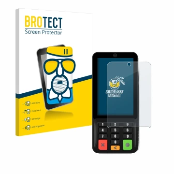 Parte frontal de un envase de producto con el logotipo de la marca BROTECT. Al lado se muestra el dispositivo Pax A35 con su p