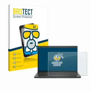 Parte frontal de un envase de producto con el logotipo de la marca BROTECT. Al lado se muestra el dispositivo Dell Latitude 34