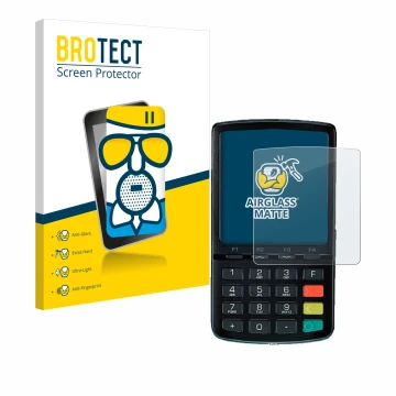 Parte frontal de un envase de producto con el logotipo de la marca BROTECT. Al lado se muestra el dispositivo ingenico Link/25