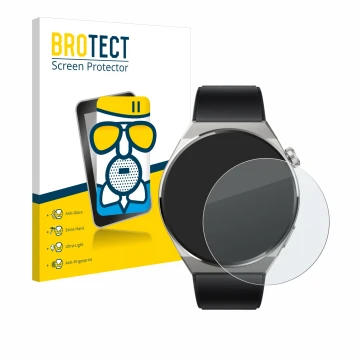 Parte frontal de un envase de producto con el logotipo de la marca BROTECT. Al lado se muestra el dispositivo Huawei Watch GT 