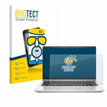 Parte frontal de un envase de producto con el logotipo de la marca BROTECT. Al lado se muestra el dispositivo HP EliteBook 645