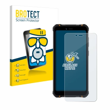Parte frontal de un envase de producto con el logotipo de la marca BROTECT. Al lado se muestra el dispositivo Hotwav T5 Pro co