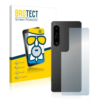 Parte frontal de un envase de producto con el logotipo de la marca BROTECT. Al lado se muestra el dispositivo Sony Xperia 1 IV