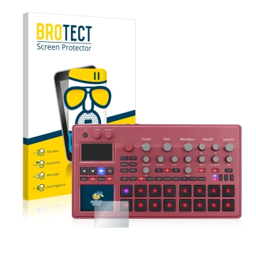 Parte frontal de un envase de producto con el logotipo de la marca BROTECT. Al lado se muestra el dispositivo KORG electribe S