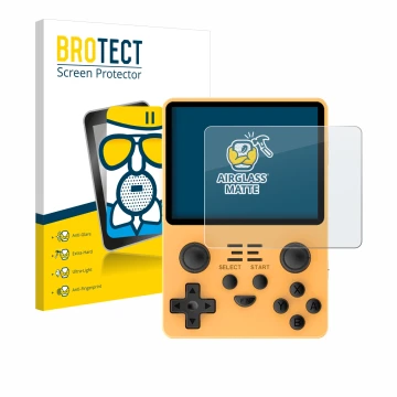 Parte frontal de un envase de producto con el logotipo de la marca BROTECT. Al lado se muestra el dispositivo Powkiddy RGB20S 