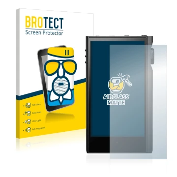 Parte frontal de un envase de producto con el logotipo de la marca BROTECT. Al lado se muestra el dispositivo Astell&Kern Kann