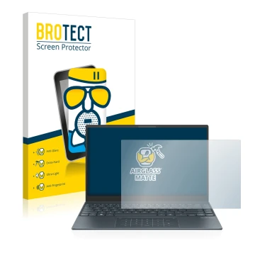 Parte frontal de un envase de producto con el logotipo de la marca BROTECT. Al lado se muestra el dispositivo ASUS ZenBook 13 