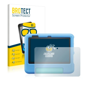 Parte frontal de un envase de producto con el logotipo de la marca BROTECT. Al lado se muestra el dispositivo Amazon Fire 7 Ki