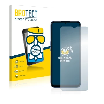 Parte frontal de un envase de producto con el logotipo de la marca BROTECT. Al lado se muestra el dispositivo realme Narzo 50 