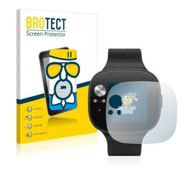 Parte frontal de un envase de producto con el logotipo de la marca BROTECT. Al lado se muestra el dispositivo ASUS Vivowatch B