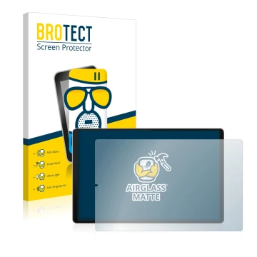 Parte frontal de un envase de producto con el logotipo de la marca BROTECT. Al lado se muestra el dispositivo Lenovo Tab M10 F