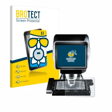 Parte frontal de un envase de producto con el logotipo de la marca BROTECT. Al lado se muestra el dispositivo Keyence LM-1100 
