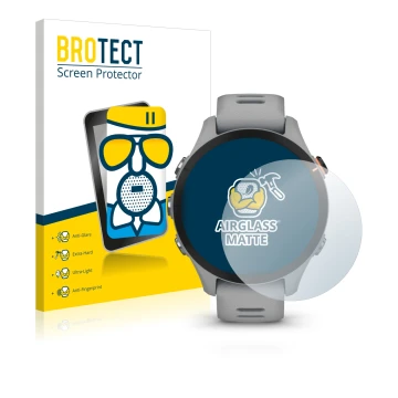 Parte frontal de un envase de producto con el logotipo de la marca BROTECT. Al lado se muestra el dispositivo Garmin Forerunne
